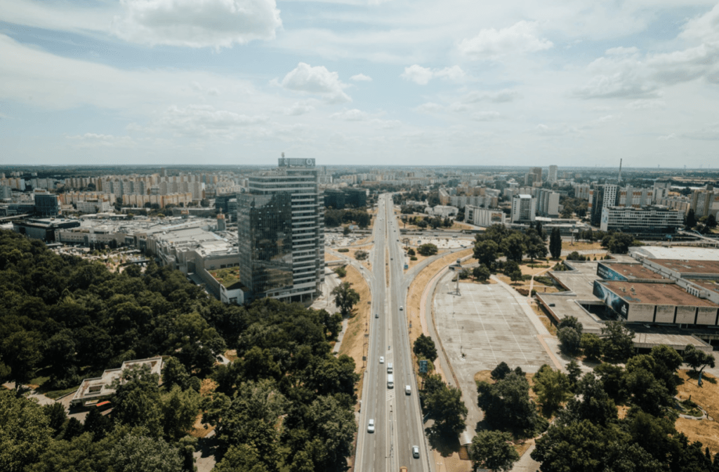 large freeway next to city